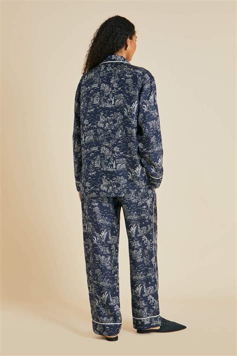 Toile de Jouy Pajama Shirt Navy Blue Technical Silk Jacquard